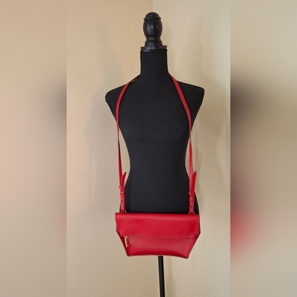 J Crew Red Leather Bag With Burnished Gold Hardware.